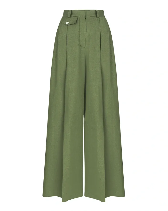 linen high-waisted palazzo trousers - olive