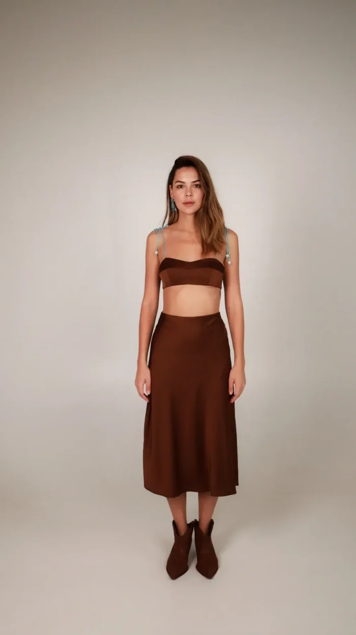 silk top with ties and pearls - chocolate