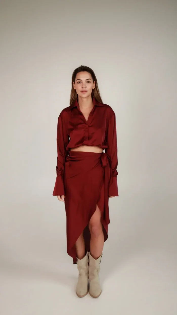 silk cropped blouse with sleeves - burgundy