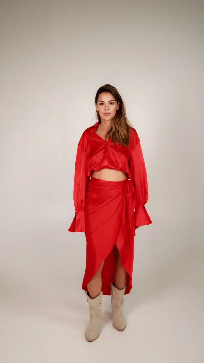 silk skirt with draped belt - red
