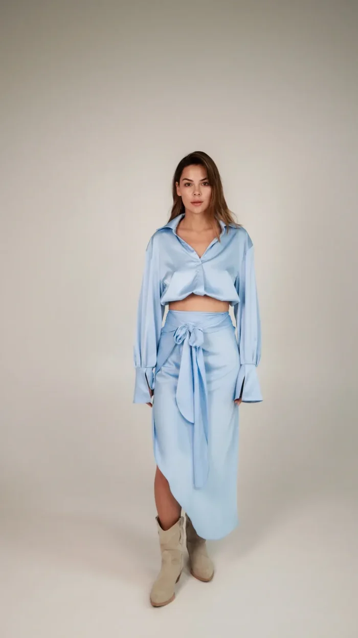 silk skirt with draped belt - blue