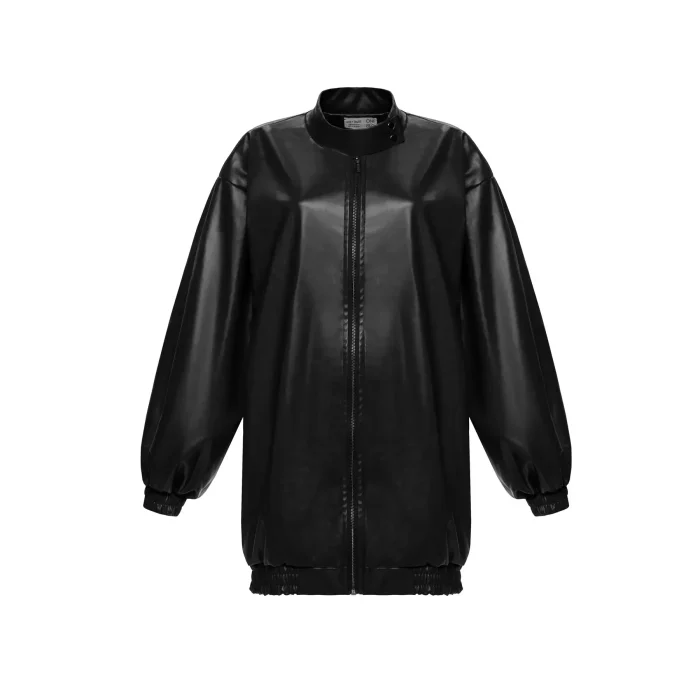 loose fit leather bomber jacket - black