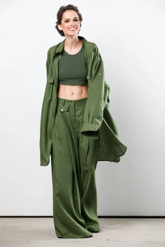 linen high-waisted palazzo trousers - olive